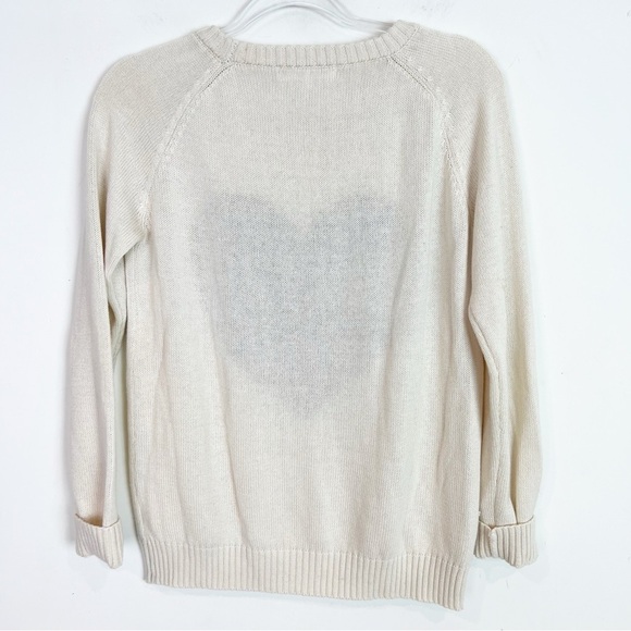 YE MAK OFF-WHITE LONG SLEEVE PULLOVER SWEATER WITH BLACK CABLE KNIT HEART SMALL - Picture 2 of 4